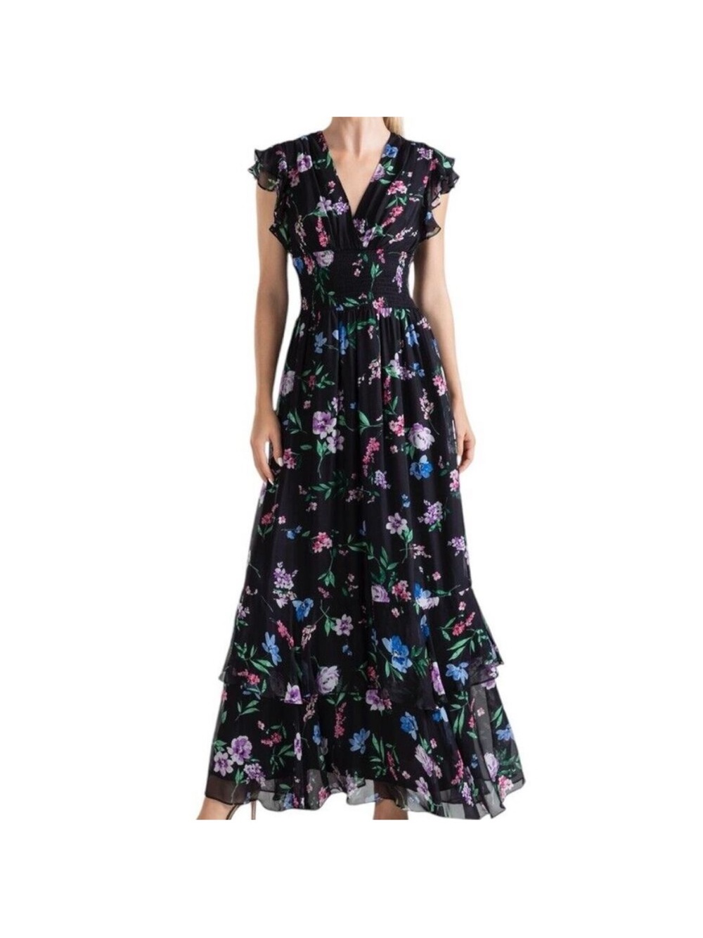 Shoshanna Floria V-Neck Tiered Maxi Dress. Size 4 silk
